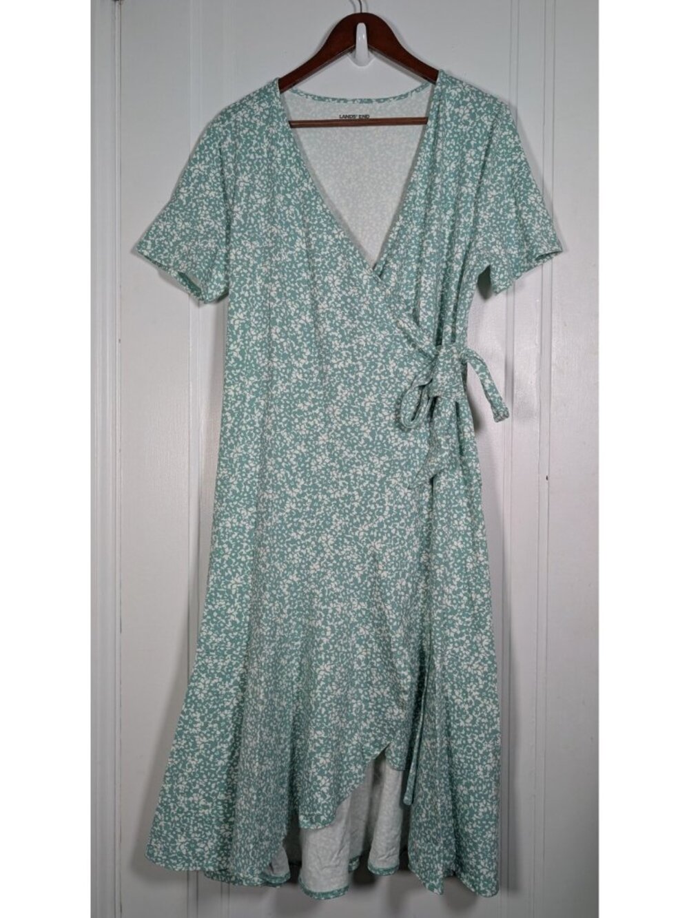 Lands End V Neck Faux Wrap Midi Dress Large Petite Resort Boho Floral Tie Waist